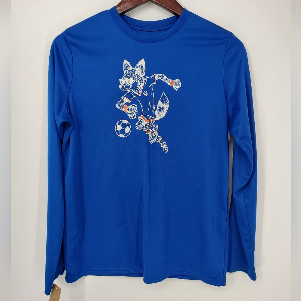 Athletic Works Blue Long Sleeve Dry Fit Tee with Fox Soccer Print Size Youth XXL